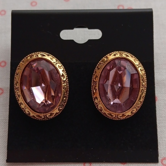 Faceted Pink Tourmaline Looking Gold Tone Post Earrings - Picture 9 of 9